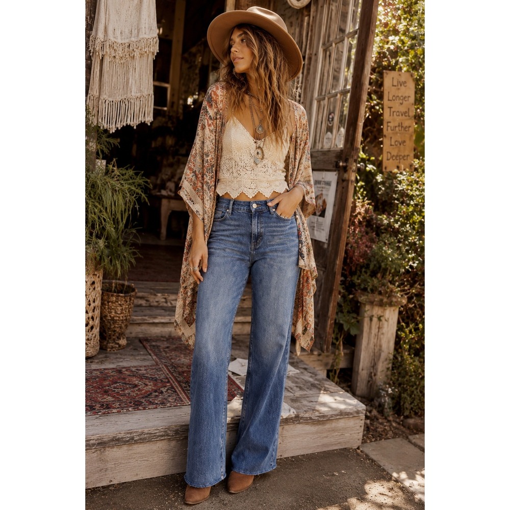 We The Free Jeans Tinsley Baggy High Rise Straight Leg Blue Denim Boho 32